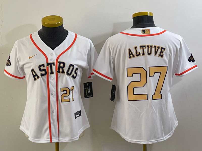 Women%27s Houston Astros #27 Jose Altuve Number 2023 White Gold World Serise Champions Patch Cool Base Stitched Jerseys->mlb womens jerseys->MLB Jersey